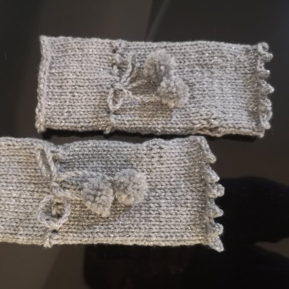 Gray Silver Pompom Fingerless Gloves Handknitted - Picture 2 of 2